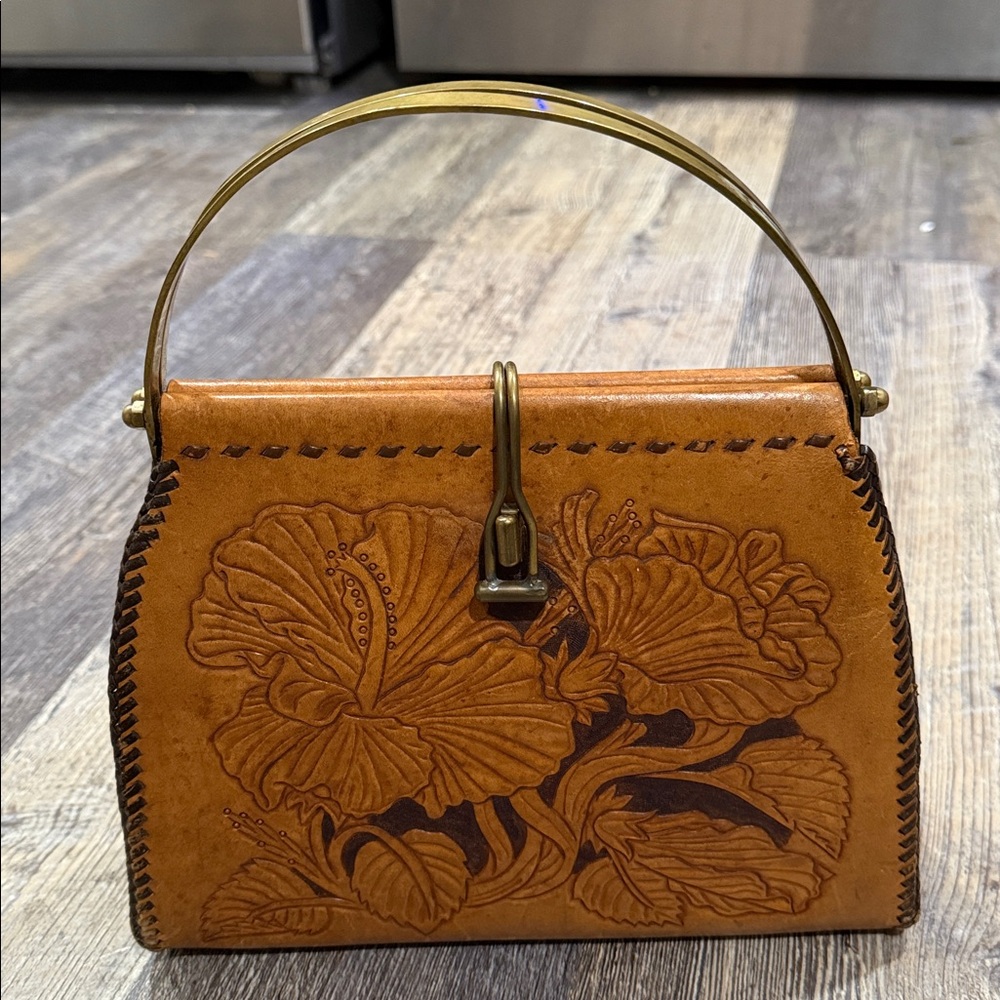 Vintage Elegant Tan Hand Tooled Leather Handbag With Brass Handle